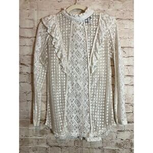 Suzanne Betro Coquette Top Womens Small White Semi Sheer Lace Romantic Ruffles